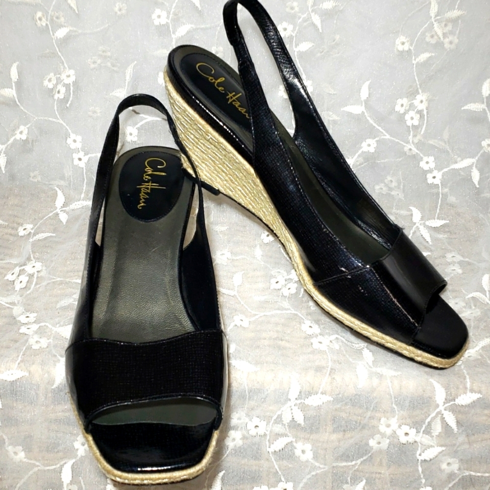 Cole Haan,Nike Air,black patent leather,woven wedge heels. Women's size 11B.